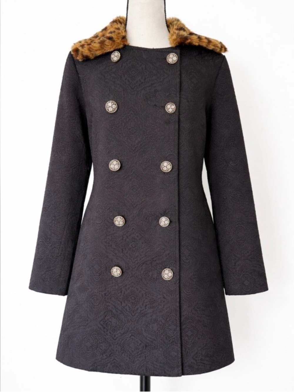 Black Brocade Leopard Collar Regal Coat Double Breasted Classic Jacket